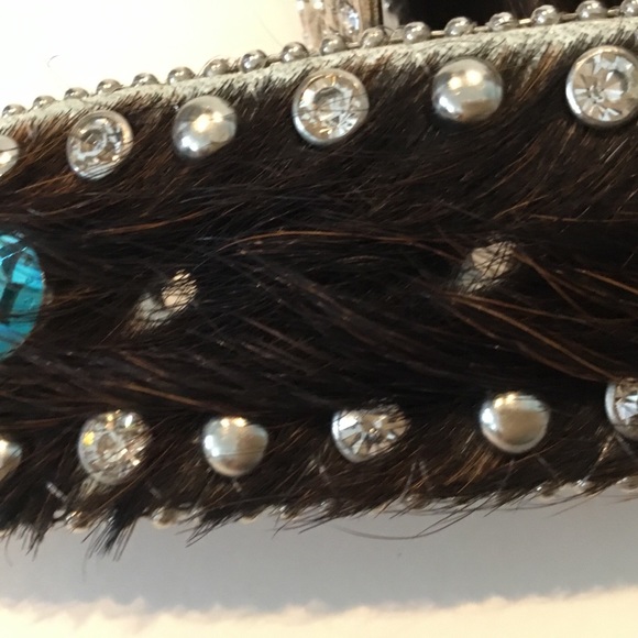 WB Atlas Belt Brown Pony Hair Teal Crystals Silver Tone Metal Size S main image 5